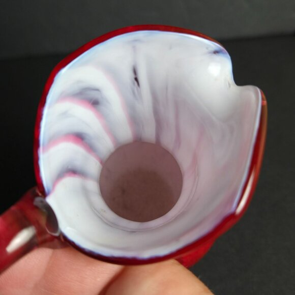 Handblown Glass Red Swirl Cruet Mini Pitcher Vase White Interior Clear Handle 4" - Picture 5 of 9
